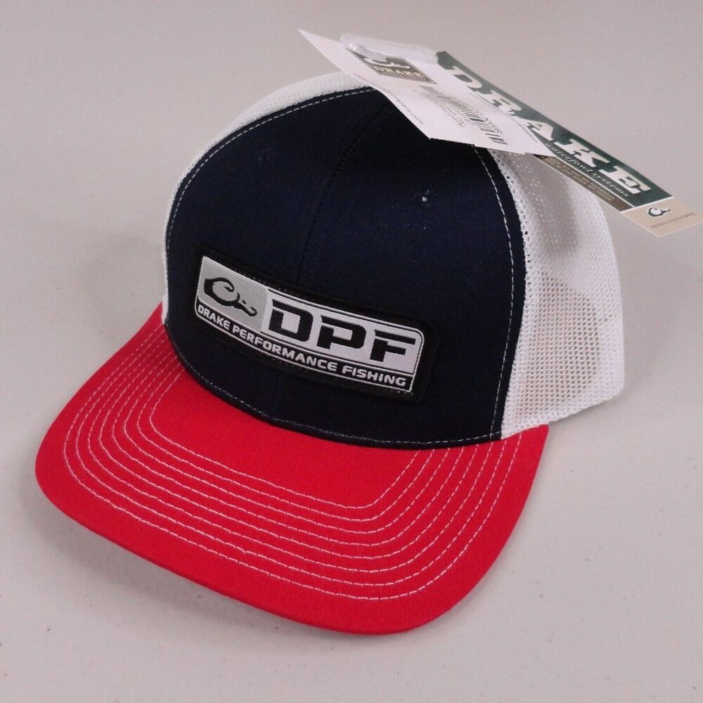 Drake DPF Performance Fishing Hat Red White Blue Mesh Back Snapback Trucker Cap